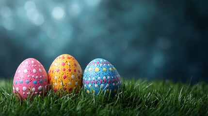 Wall Mural - Three colorful easter eggs sitting in the grass