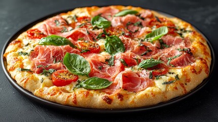 Wall Mural - A pizza with ham, tomatoes and basil on a black plate