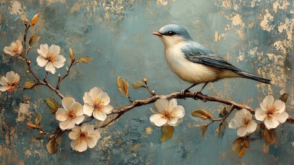 Naklejka na meble Blue bird perched on flowering branch, textured background.