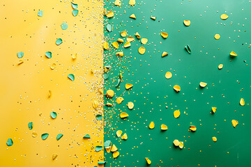 Wall Mural - yellow and green background with confetti falling on it. the confetti is scattered all over the back