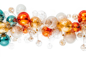 Wall Mural - long line of colorful balloons with gold and orange ones in the middle. the balloons are scattered a