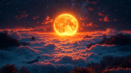 Poster - A full moon rising above the clouds in the night sky