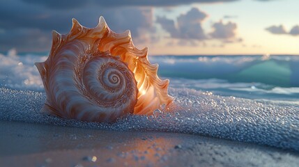 Wall Mural - A seashell on the beach with the ocean in the background