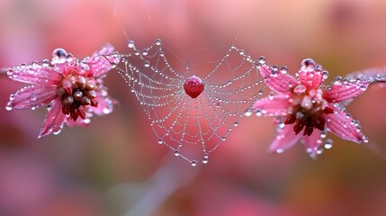 A spider web with water droplets on it and pink flowers