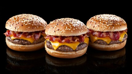 Wall Mural - Three cheeseburgers with bacon and cheese on a black background