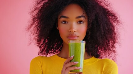 Poster - A woman holding a glass of green smoothie