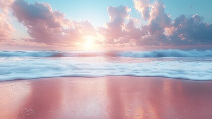 Wall Mural - a pink beach with waves crashing on the sand and a sunset in the background