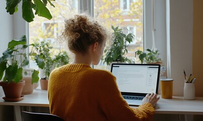 Wall Mural - Woman Typing on Laptop in Warm Workspace