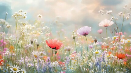 Wall Mural - beautiful colorful wildflower field in springtime with vibrant blooms and soft sunlight