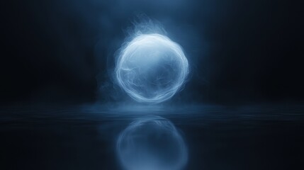 A glowing blue sphere floating in a dark blue water