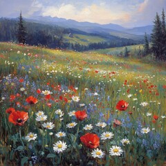 Wall Mural - vibrant wildflower meadow with red poppies and white daisies on a misty morning in spring