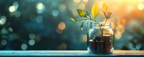 Wall Mural - Growth of savings represented by a plant in a jar filled with coins in a cozy indoor setting