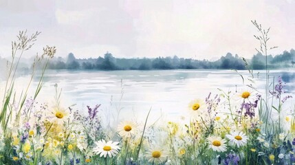 Wall Mural - bright landscape with wildflowers and serene water view in the background