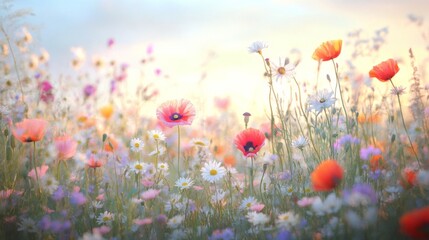 Wall Mural - Beautiful colorful wildflower field in springtime with vibrant blooms and soft sunlight