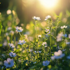 Wall Mural - white flowers bloom in a lush green meadow during the warm afternoon sunlight