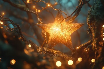 A beautifully crafted star-shaped decoration glows warmly among twinkling lights in a natural setting, symbolizing creativity, celebration, and the enchantment of nighttime.