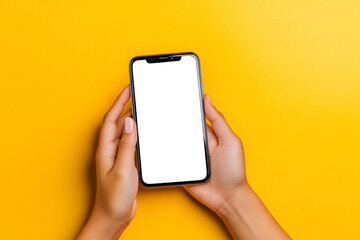 woman's hands holding a smartphone with a blank screen