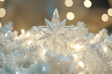 Poster - An elegant glass star glows among sparkling lights, creating a magical ambiance perfect for holiday celebrations, filled with joy and warmth, inviting cozy gatherings.