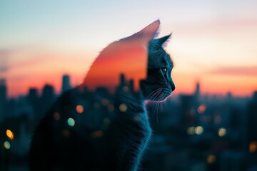 Aufkleber - A captivating profile of a cat softly illuminated by a stunning sunset city backdrop, symbolizing the beauty of nature intertwined with urban life in one mesmerizing view.