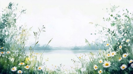 Wall Mural - Bright landscape with wildflowers and serene water view in the background