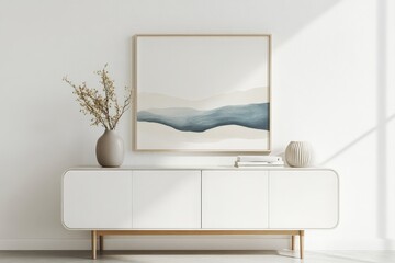 Aufkleber - An artistic abstract landscape painting on the wall above a stylish sideboard, highlighting soft colors and gentle forms, creating a serene home environment.