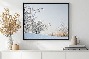 Aufkleber - A striking winter landscape art piece elegantly framed above a minimalist storage unit, depicting serene tones of white and nature, enhancing the tranquil ambiance.