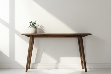 Aufkleber - A simple wooden table featuring a small potted plant, offering a clean and minimalist aesthetic that brings a touch of nature into everyday life and living spaces.