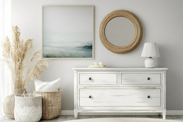 Aufkleber - A tranquil living room setup featuring soft colors, greenery, and a beautiful landscape painting that brings calmness and a sense of tranquility to the space.