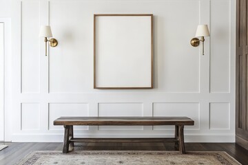 Aufkleber - A minimalist interior space featuring a blank wall with a classic wooden frame, ready for a personal touch through the addition of art or decor, showcasing simplicity.