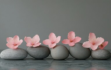 Wall Mural - Decorative pink flowers in stone planters arranged on a textured surface