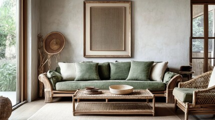 Poster - Modern living room design featuring natural materials and greenery in a tranquil space