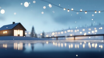 Wall Mural -   A snow-covered house perched atop a hill, overlooking a serene lake Lights adorn the roof, casting warm glow upon the surroundings