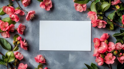 Wall Mural - Beautiful arrangement of pink flowers and leaves with a blank card on a textured surface