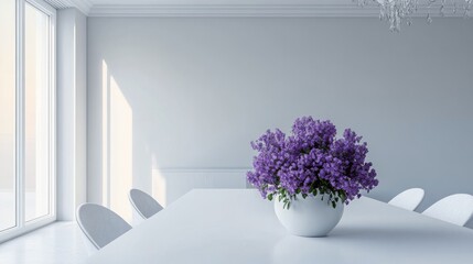 Poster - Bright and airy dining room with lilac flowers in a white vase