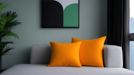 A couch with two orange pillows and a black and white picture on the wall