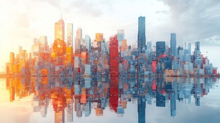 Canvas Print - Cityscape reflected in water, vibrant colors.