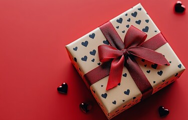 Wall Mural - Gift box adorned with red hearts set against a vibrant red background for a romantic occasion