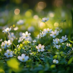 Wall Mural - white flowers bloom in a lush green meadow during the warm afternoon sunlight