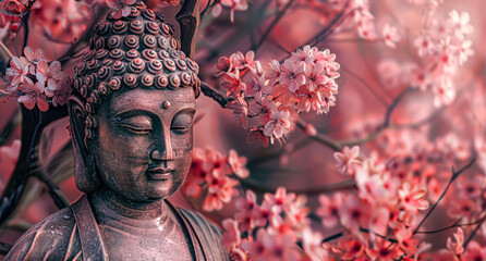 Statue of a Buddha with pink flowers on its head. The statue is surrounded by pink blossoms, giving it a serene and peaceful atmosphere