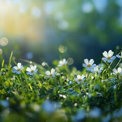 Wall Mural - white flowers bloom in a lush green meadow during the warm afternoon sunlight