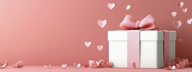 Wall Mural - Gift box surrounded by pink heart shapes on a soft pink background for a celebration