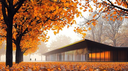 Wall Mural -   A building surrounded by a sea of yellow leaves