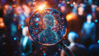 © FATNA - Magnifying glass is revealing a sparkling digital human silhouette, symbolizing the search for individuality and unique talent within a large, blurred crowd in a vibrant, bokeh-filled environment