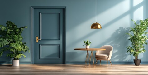 Wall Mural - Modern room with plants, a round table, and a stylish lamp in soft natural light