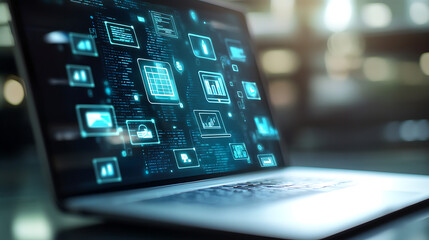 Poster - concept shows a laptop with virtual ebook icons for electronic books online, online knowledge bases, digital libraries, or e-libraries