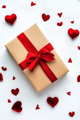 Canvas Print - Gift wrapped in white paper with red ribbon surrounded by heart shaped petals for celebration