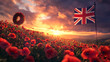 © CreativeCreations - Touching remembrance day scene in the uk featuring a wreath of red poppies and the union jack under a sunset