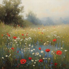Wall Mural - vibrant wildflower meadow with red poppies and white daisies on a misty morning in spring