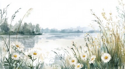 Wall Mural - bright landscape with wildflowers and serene water view in the background