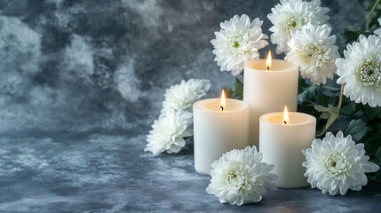 Poster - Tranquil condolence background featuring lit candles and white chrysanthemums on a grey textured backdrop symbolizing remembrance and sympathy